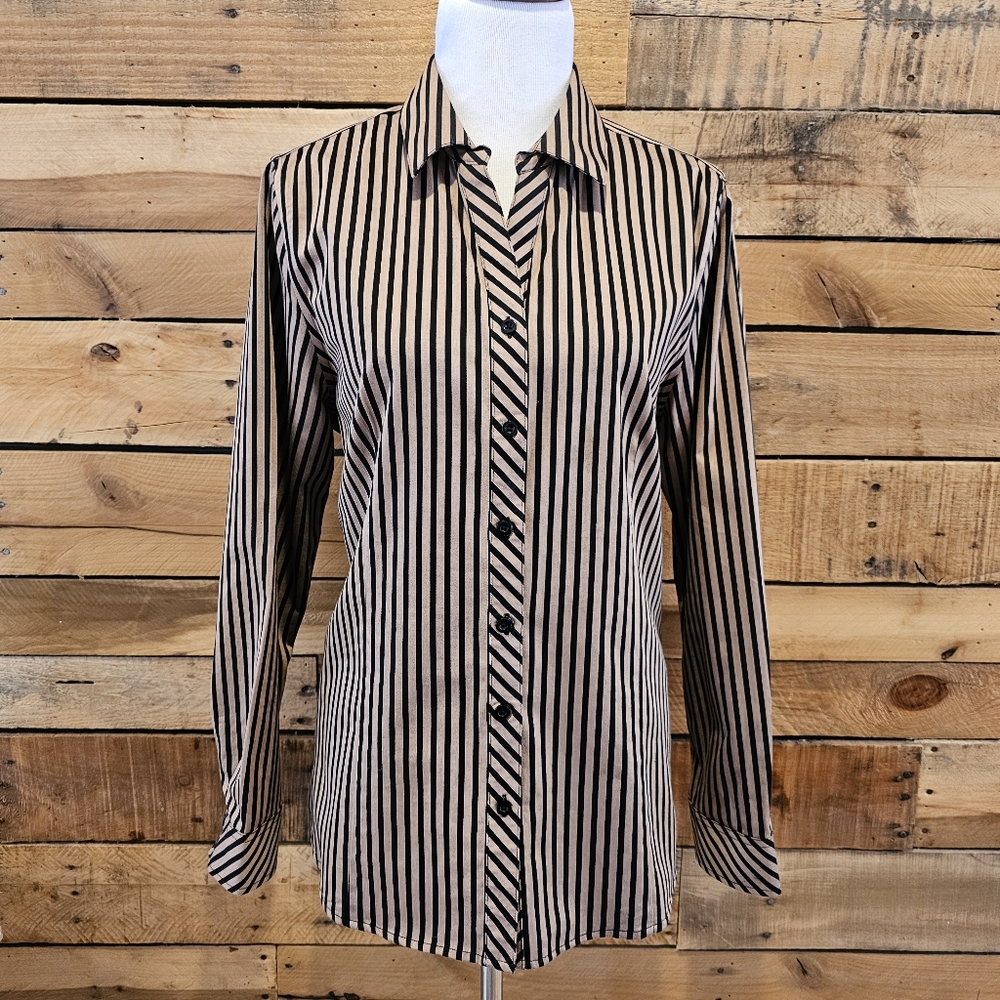 Grace striped button down shirt in black and taupe in size 12